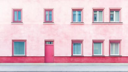 Obraz premium Pink building facade with evenly spaced windows and a door.