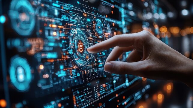 Innovative digital technology interface with futuristic hologram and HUD visualization Abstract 3D render of a high tech display showcasing the latest advancements in intelligence virtual reality - Powered by Adobe