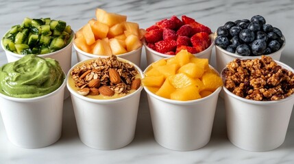 Variety of healthy bowls with fruit, granola, and yogurt toppings. Colorful and refreshing smoothie bowls