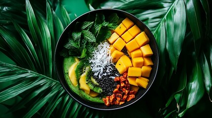 Vibrant bowl featuring mango, kiwi, avocado, and mint, topped with coconut flakes and sesame seeds.  Tropical fruit and healthy ingredients