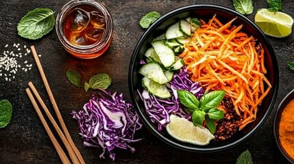 Vibrant bowl of mixed vegetables, including shredded carrots, cucumbers, and red cabbage, served with a light sauce.  Refreshing and healthy meal