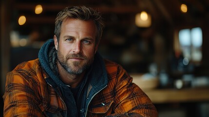 Fototapeta premium Rugged outdoor adventurer with a weathered face and flannel jacket enjoys a peaceful contemplative moment in a wooded natural landscape