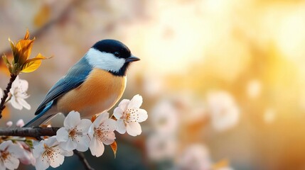 Closeup of a cute little titmouse or chickadee bird perched on a flowering branch in a lush spring garden The songbird s vibrant feathers and bright eyes stand out against the soft