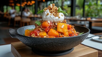 Vibrant fruit and granola parfait, topped with whipped cream and basil, served in a black bowl