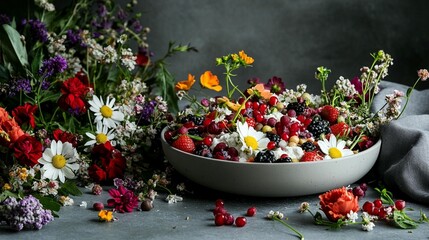 Vibrant fruit salad adorned with wildflowers in a gray bowl. Fresh berries, pomegranate seeds, and flowers in a medley of colors