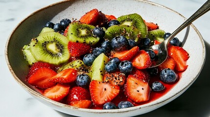 Vibrant fruit salad with strawberries, kiwi, blueberries, and a light dressing.  Sliced fruit, mixed, with a drizzle