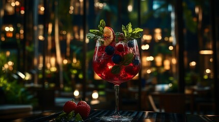 Vibrant fruit-infused cocktail, garnished with fresh berries and mint, presented in a glass, against a backdrop of tropical greenery and warm lighting