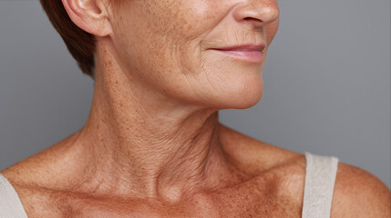 Closeup portrait of older woman freckled skin on her upper chest, neck, and lower face showing natural wrinkles and texture with calm expression