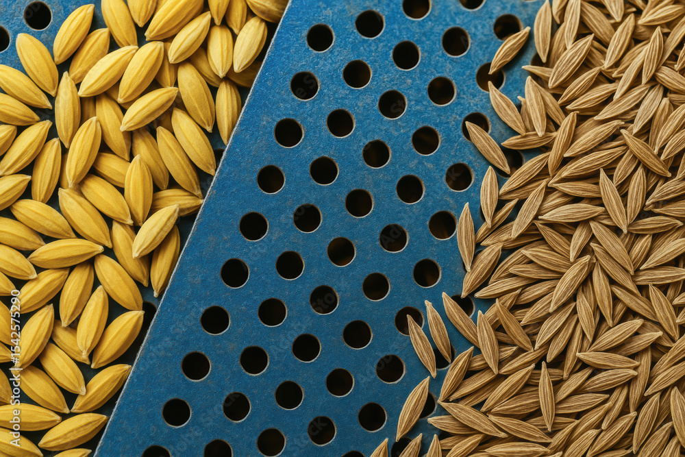 Poster rice grain and seed sorting process in mill production with metal sieve for quality control and agri