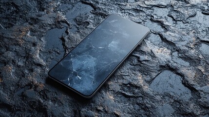 Cracked and shattered smartphone screen display lying on a grungy dark and weathered rock surface background  Concept of technology device and digital communication failure damage and malfunction