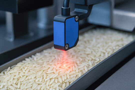 Rice mill production process with sensor technology scanning white rice grains on conveyor belt for quality control