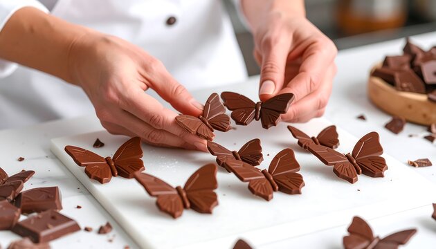 A chocolatier carefully arranges delicate butterfly-shaped chocolates on a white board for dessert decoration.