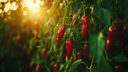 Vibrant red peppers hang from plants in a sun-drenched field. Lush green foliage surrounds the ripe peppers