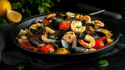 Vibrant seafood medley with shrimp, mussels, cherry tomatoes, and bell peppers