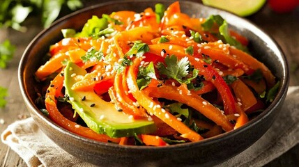 Vibrant, sliced bell peppers, avocado, and herbs tossed in a light dressing, garnished with sesame seeds