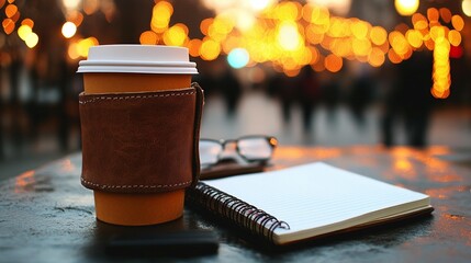 Warm coffee, notebook, and glasses on an outdoor table at night. Blurry city lights in the background