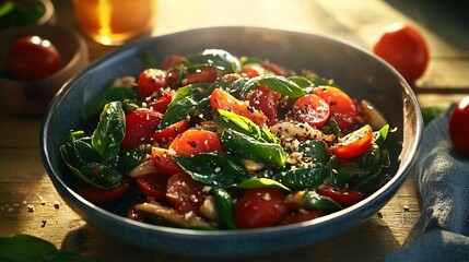 Vibrant salad of spinach, cherry tomatoes, and sesame seeds.  Fresh, healthy, and delicious dish