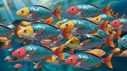 Vibrant School of Fish Swimming in an Underwater Ecosystem colorful design