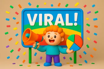 Cheerful cartoon Marketing Manager with megaphone celebrating viral success in colorful confetti scene