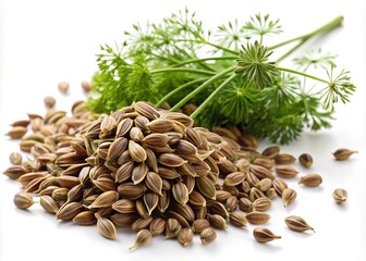 Obraz premium A pile of dried fennel seeds with fresh green fennel fronds on a white background