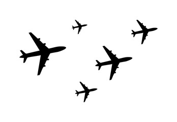 Black silhouettes of multiple airplanes flying, white background, aviation activity