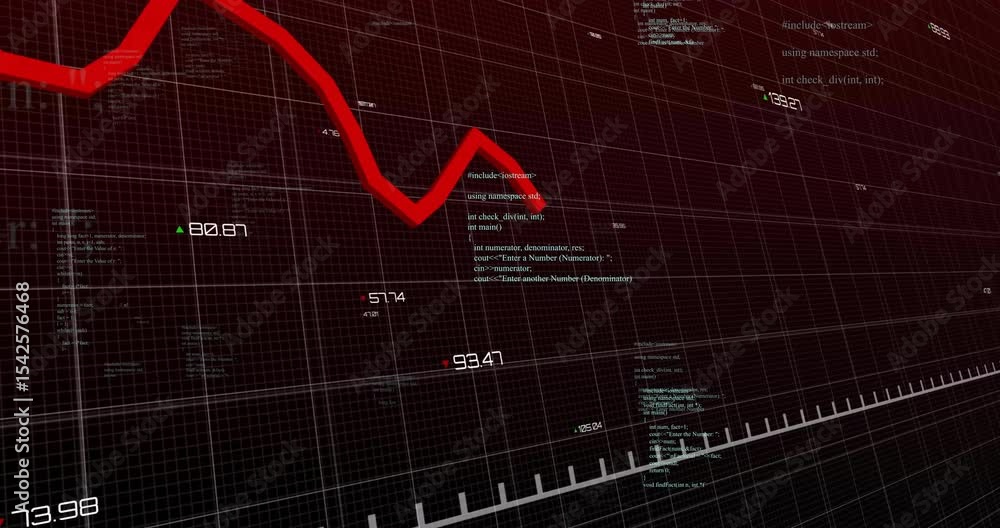 Poster Red line appearing from left and falling across 3D grid brushing labels rebounding visualizing data