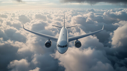 A next-generation electric airplane soaring through the clouds, leaving behind no emissions, just clean air