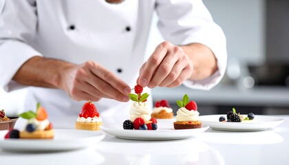 A pastry chef meticulously places a fresh raspberry on a whipped cream tartlet, creating an elegant and delicious dessert