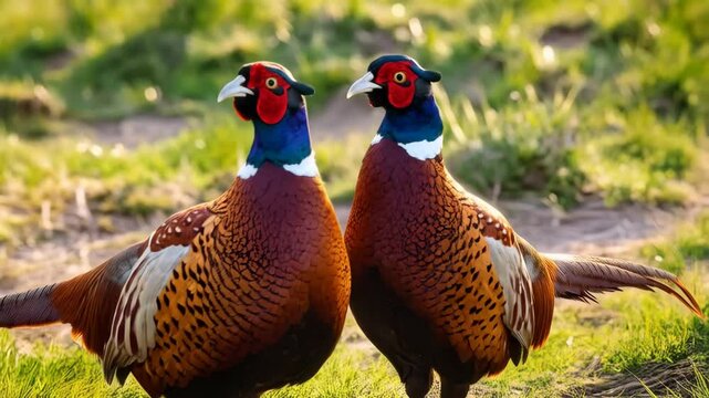Two male pheasants standing side by side in a grassy field on a bright sunny day with their colorful plumage displayed, animal wildlife, nature.