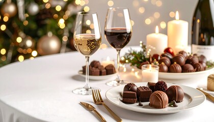 A romantic holiday table is set with red and white wine, assorted chocolates, and candles, with a sparkling Christmas tree behind.