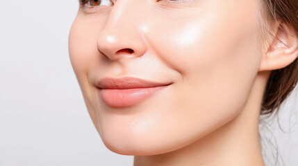 Closeup of smiling woman with smooth glowing skin and natural makeup, sunlight highlighting texture and softness of her face in bright setting