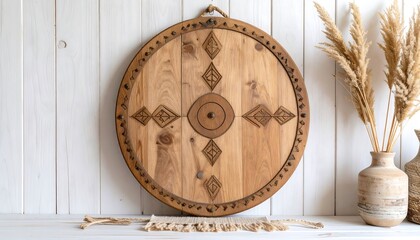 A round, wooden Viking shield serves as rustic wall decor next to a vase of pampas grass against a white paneled wall.