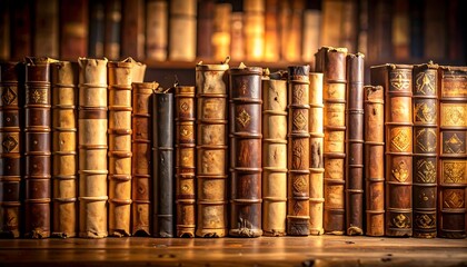 A row of antique, leather-bound books with ornate, weathered spines sit on a wooden shelf in a library.