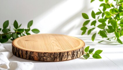 A rustic wood slice serves as a natural podium on a white table, framed by fresh green leaves and soft sunlight.