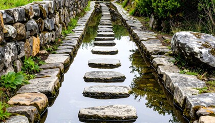 A rustic path of ancient stepping stones crosses calm, reflective water, bordered by an old stone wall and lush greenery