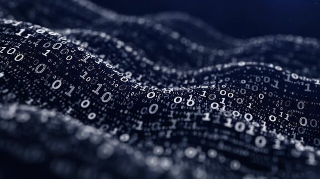 Abstract Digital Data Wave Background with Binary Code Displaying Network Information