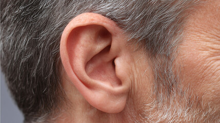 Obraz premium Closeup of adult male ear with gray hair and visible skin texture showing natural aging and detailed skin wrinkles in soft lighting