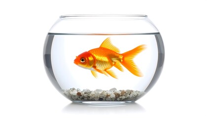 A single orange goldfish swims in a clear, round fishbowl with pebbles, isolated against a clean white background