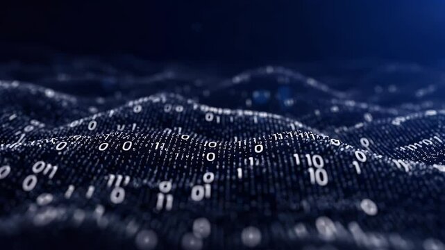 Abstract Digital Data Wave with Floating Binary Code on Dark Blue Background
