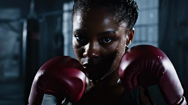 sexy women boxing - Intense female boxer preparing for a match in a dimly lit gym, showcasing focus and determination with sweat glistening on her skin