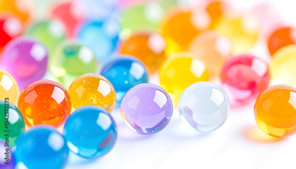 Poster a vibrant close-up of multicolored, translucent water beads scattered on a white surface, creating a