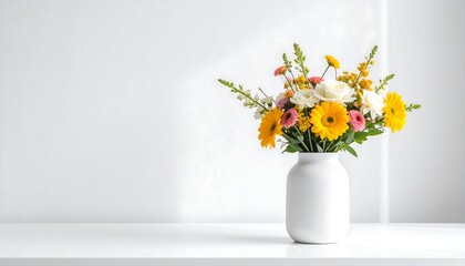 A vibrant bouquet of colorful spring flowers in a modern white vase, set against a clean white wall with ample copy space.