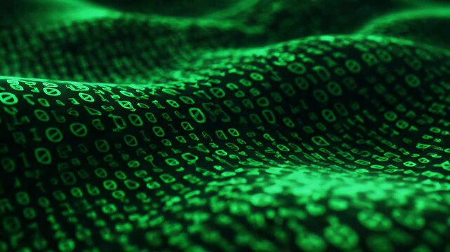 Abstract Digital Green Binary Code Flowing Across A Wavy Dark Surface Creating Data Visualizations