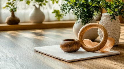 Wooden and ceramic decorative objects on a light-colored surface, beside plants in light-filled room