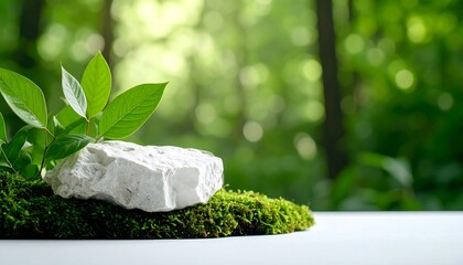 A white stone rests on green moss with fresh leaves, creating a natural podium against a blurred forest bokeh background.