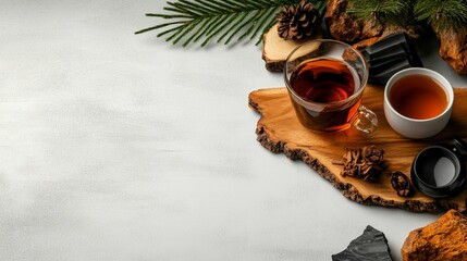 Wooden platter with teacups and natural elements.  Two teacups filled with tea, resting on a wooden board with pine cones, branches, and other natural items, on a light gray surface