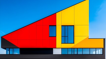 Colorful modern building exterior, city skyline, daytime