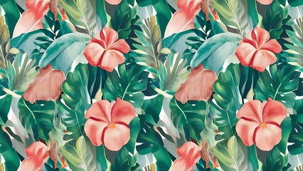 Fototapeta premium Vibrant tropical pattern showcasing lush leaves and elegant hibiscus blooms