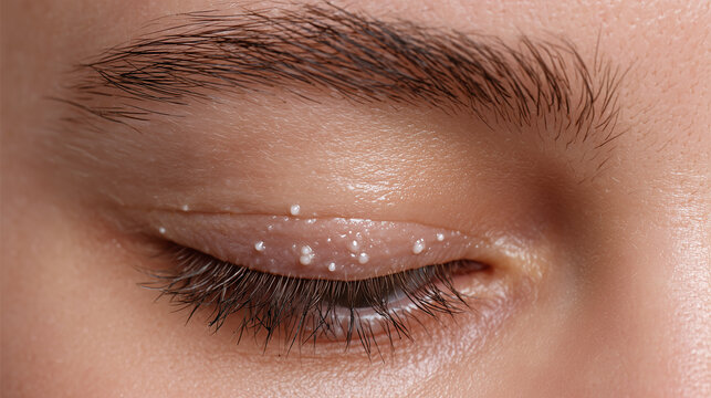 Closeup of closed upper eyelid with visible small white milia bumps on smooth skin and natural eyebrow above, showing delicate eyelashes and skin texture in soft light