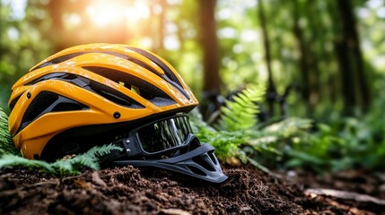Yellow bicycle helmet resting on forest ground.  Bright sunlight filters through trees